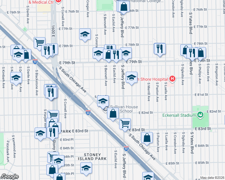 map of restaurants, bars, coffee shops, grocery stores, and more near 8056 South Euclid Avenue in Chicago
