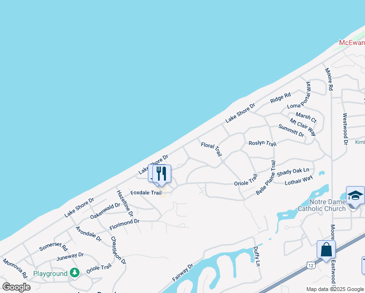 map of restaurants, bars, coffee shops, grocery stores, and more near 2599 Lake Shore Drive in Long Beach
