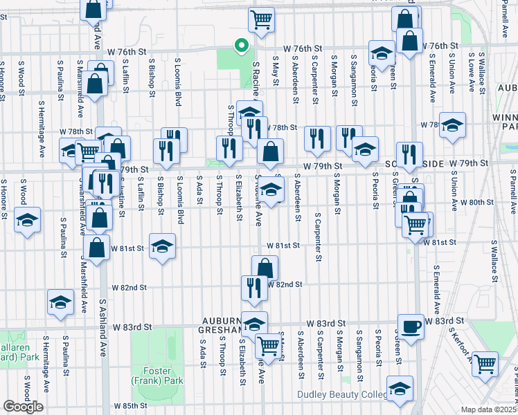 map of restaurants, bars, coffee shops, grocery stores, and more near S Racine Ave & W 80th St in Chicago