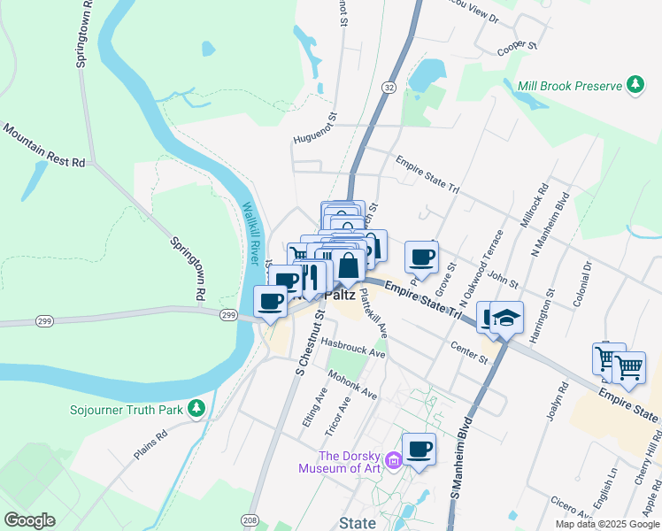 map of restaurants, bars, coffee shops, grocery stores, and more near in New Paltz