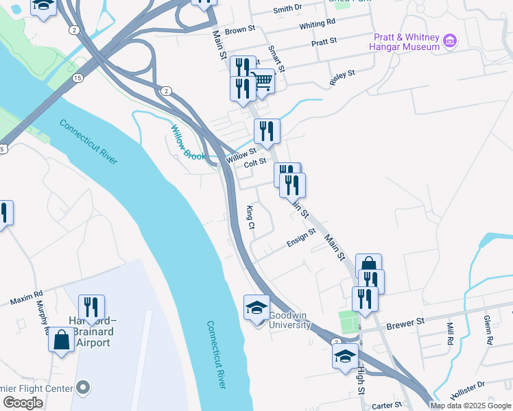 map of restaurants, bars, coffee shops, grocery stores, and more near 64 King Court in East Hartford