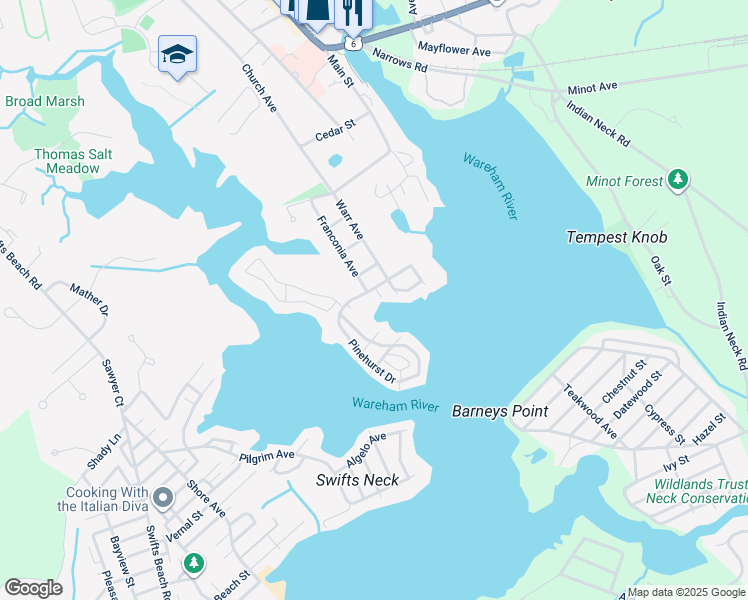 map of restaurants, bars, coffee shops, grocery stores, and more near 22 Pinehurst Drive in Wareham