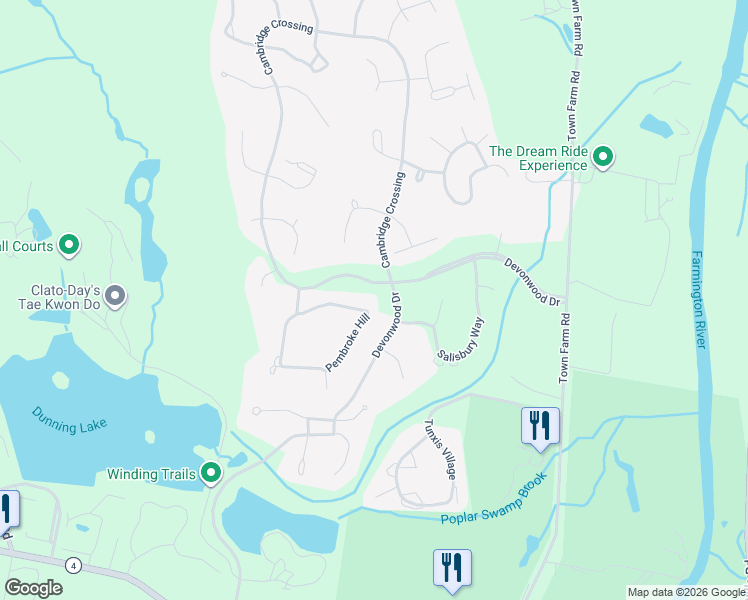map of restaurants, bars, coffee shops, grocery stores, and more near 36 Pembroke Hill in Farmington