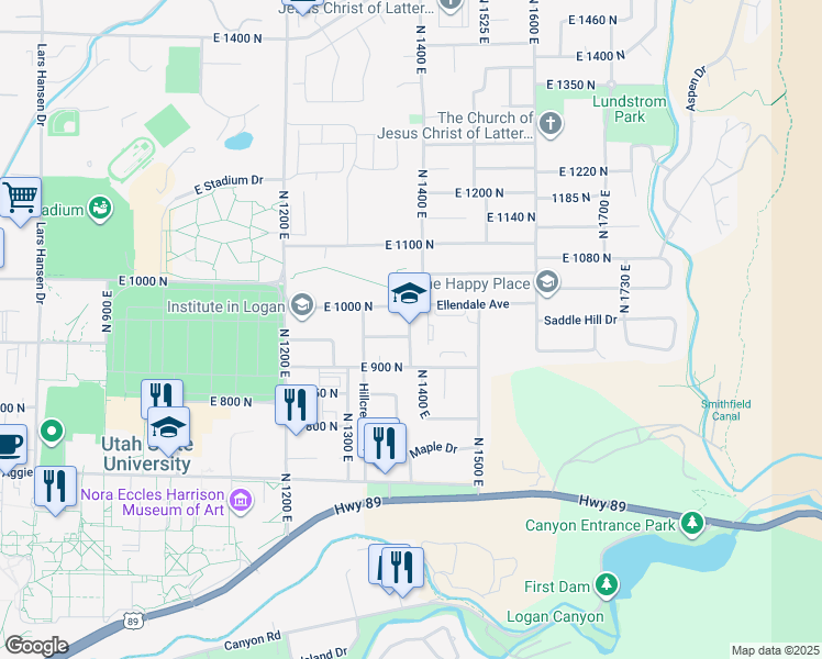 map of restaurants, bars, coffee shops, grocery stores, and more near 960 East 1400 North in Logan