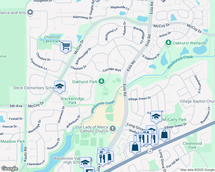 map of restaurants, bars, coffee shops, grocery stores, and more near 245 North Oakhurst Drive in Aurora