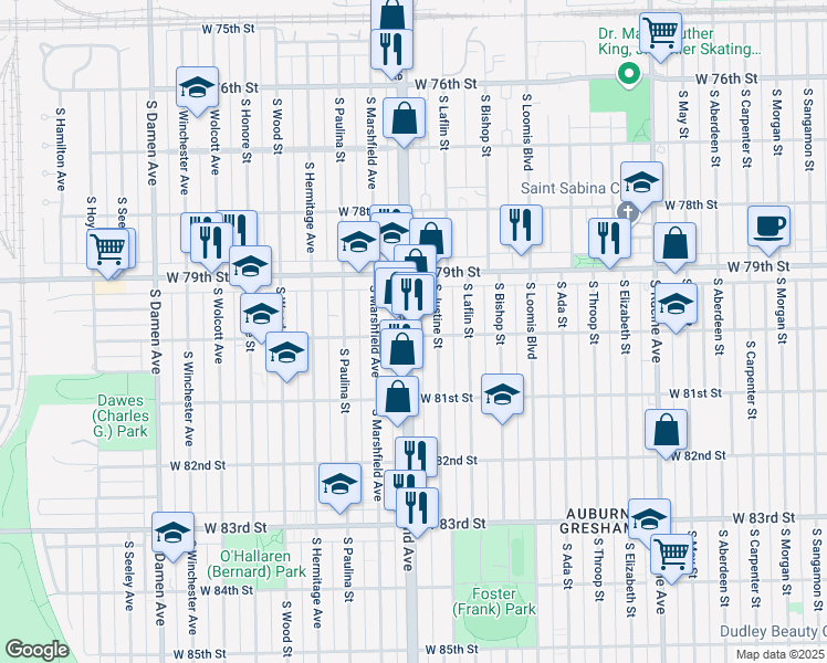 map of restaurants, bars, coffee shops, grocery stores, and more near 7959 South Ashland Avenue in Chicago