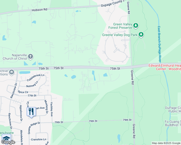 map of restaurants, bars, coffee shops, grocery stores, and more near 7501 Gladstone Drive in Naperville