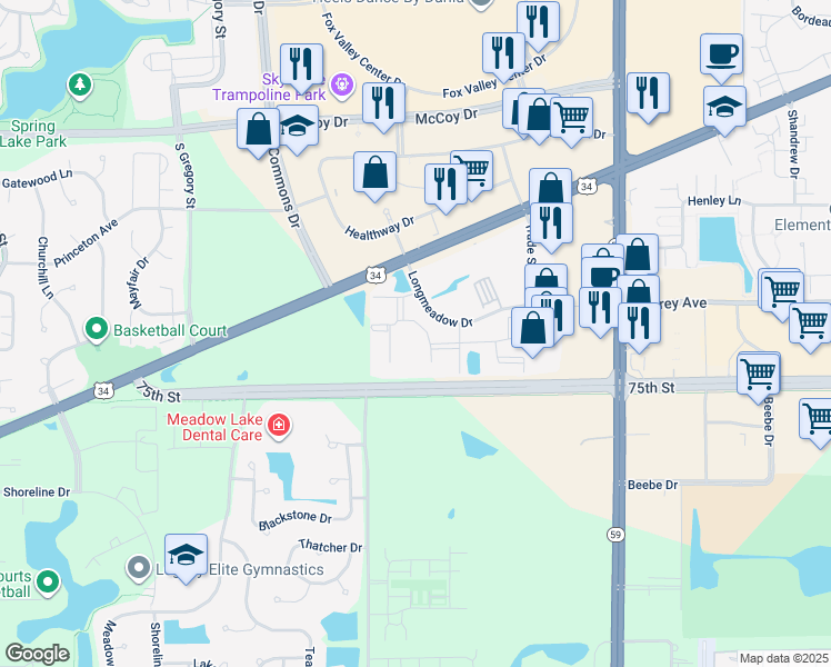 map of restaurants, bars, coffee shops, grocery stores, and more near 4101 Chesapeake Drive in Aurora