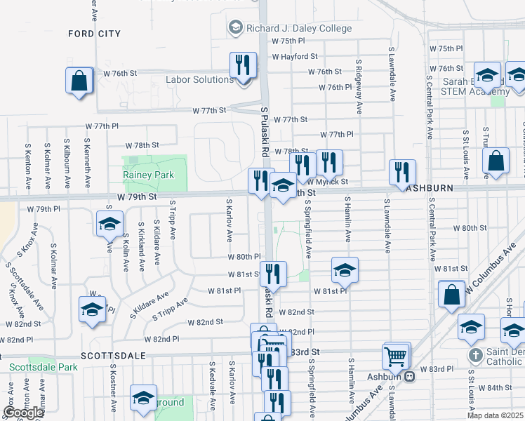 map of restaurants, bars, coffee shops, grocery stores, and more near 7949 South Pulaski Road in Chicago