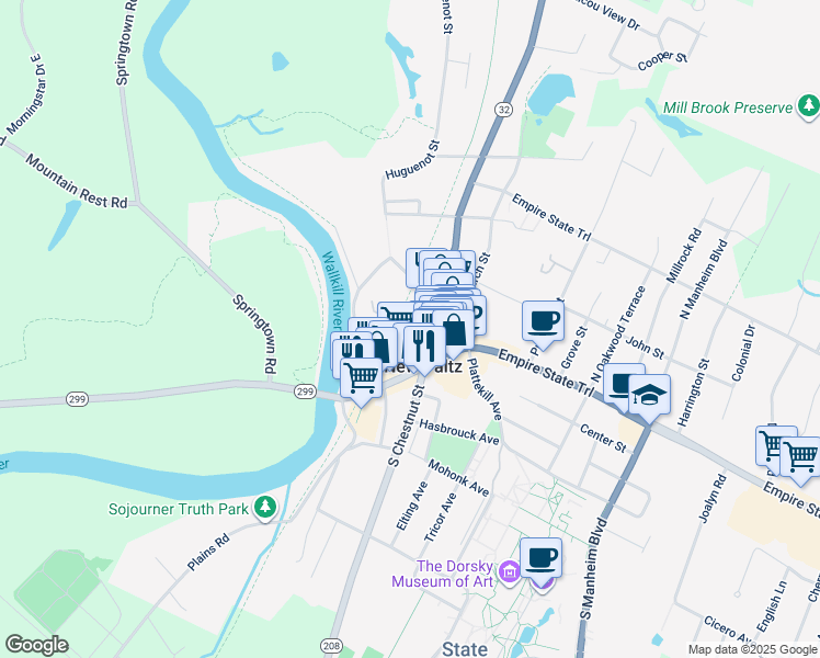 map of restaurants, bars, coffee shops, grocery stores, and more near 29 New York 299 in New Paltz