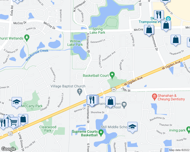 map of restaurants, bars, coffee shops, grocery stores, and more near 405 Meadow Lakes Boulevard in Aurora