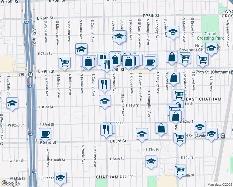 map of restaurants, bars, coffee shops, grocery stores, and more near 8045 South Vernon Avenue in Chicago