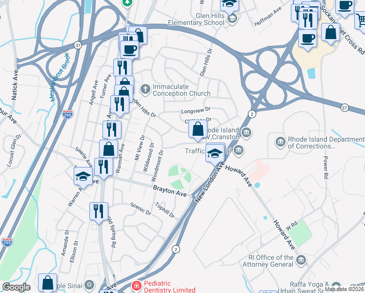 map of restaurants, bars, coffee shops, grocery stores, and more near 25 Brayton Avenue in Cranston