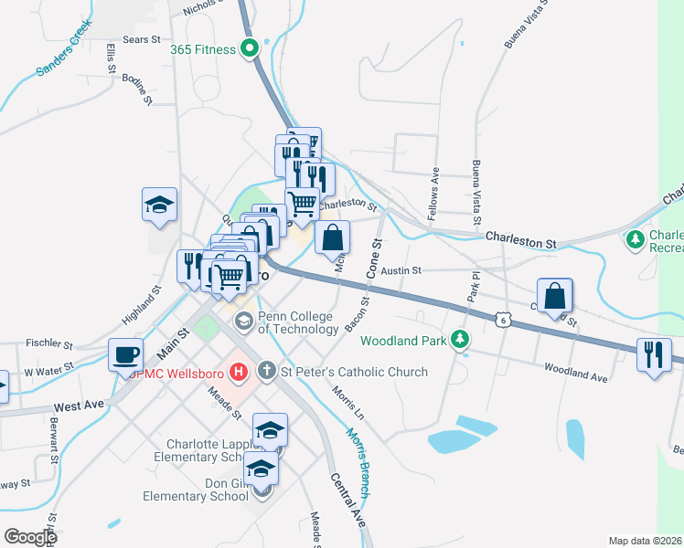 map of restaurants, bars, coffee shops, grocery stores, and more near 44 East Avenue in Wellsboro