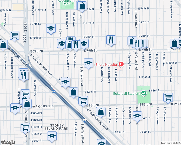 map of restaurants, bars, coffee shops, grocery stores, and more near 2035 East 81st Street in Chicago