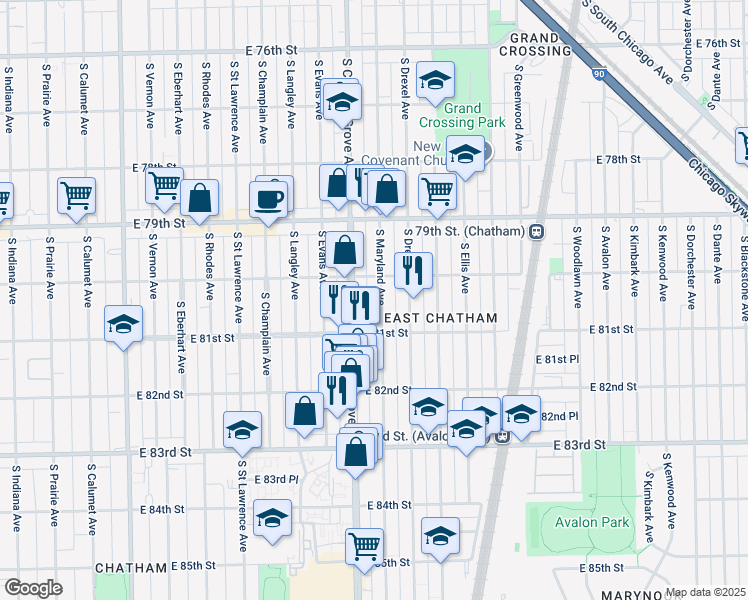 map of restaurants, bars, coffee shops, grocery stores, and more near 8047 South Cottage Grove Avenue in Chicago