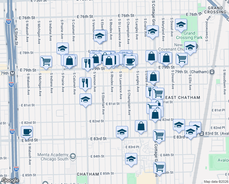 map of restaurants, bars, coffee shops, grocery stores, and more near 8046 South Saint Lawrence Avenue in Chicago