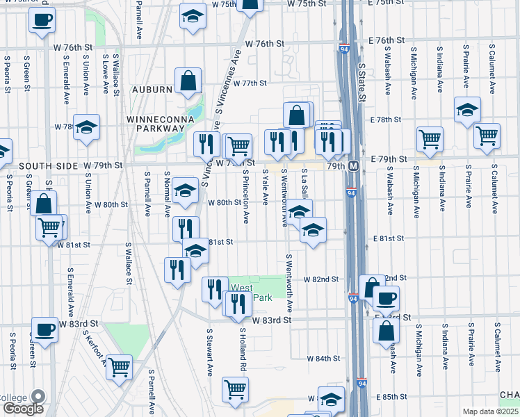 map of restaurants, bars, coffee shops, grocery stores, and more near 8033 South Princeton Avenue in Chicago