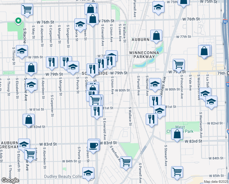 map of restaurants, bars, coffee shops, grocery stores, and more near 8032 South Union Avenue in Chicago