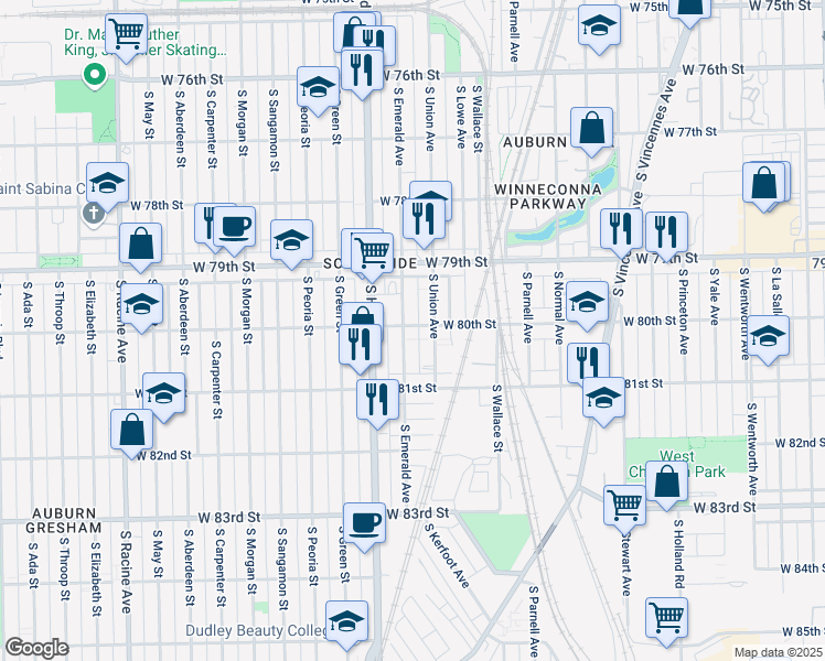 map of restaurants, bars, coffee shops, grocery stores, and more near 8032 South Union Avenue in Chicago