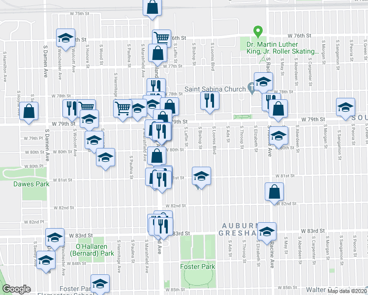 map of restaurants, bars, coffee shops, grocery stores, and more near 8018 South Laflin Street in Chicago