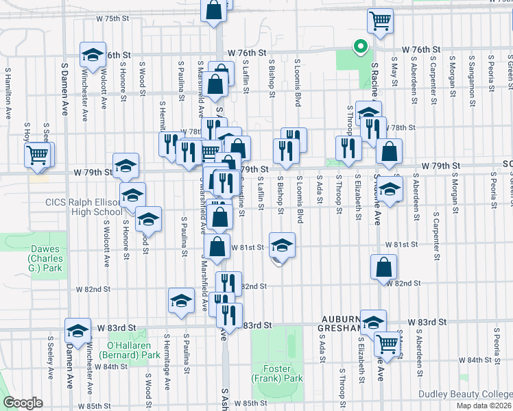 map of restaurants, bars, coffee shops, grocery stores, and more near 8018 South Laflin Street in Chicago