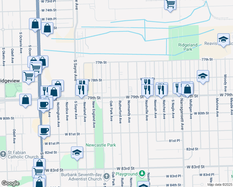 map of restaurants, bars, coffee shops, grocery stores, and more near 6745 West 79th Street in Burbank