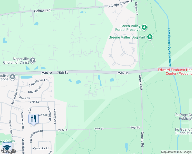 map of restaurants, bars, coffee shops, grocery stores, and more near 7525 Gladstone Drive in Naperville