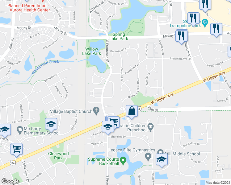 map of restaurants, bars, coffee shops, grocery stores, and more near 405 Meadow Lakes Boulevard in Aurora