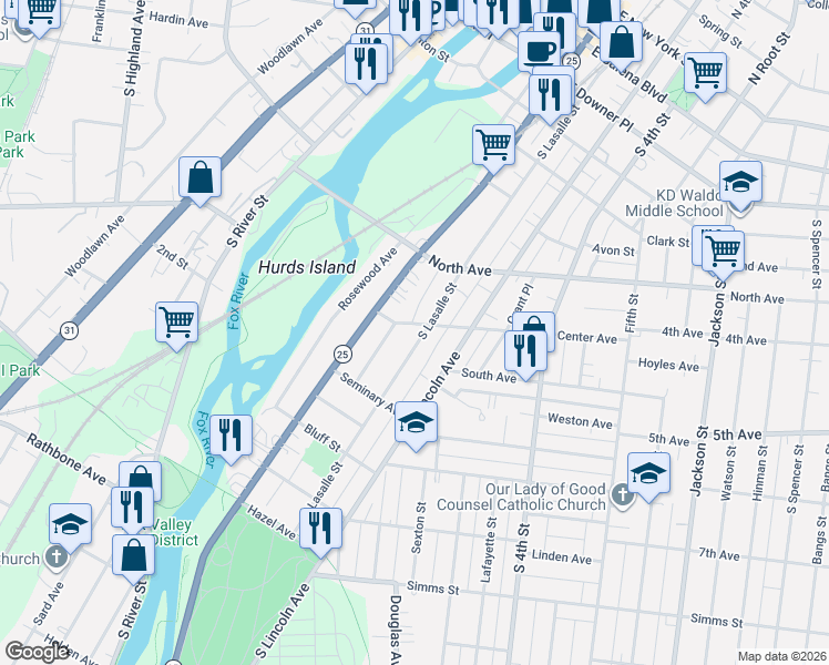 map of restaurants, bars, coffee shops, grocery stores, and more near 431 South Lasalle Street in Aurora
