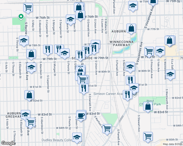 map of restaurants, bars, coffee shops, grocery stores, and more near 8032 South Union Avenue in Chicago
