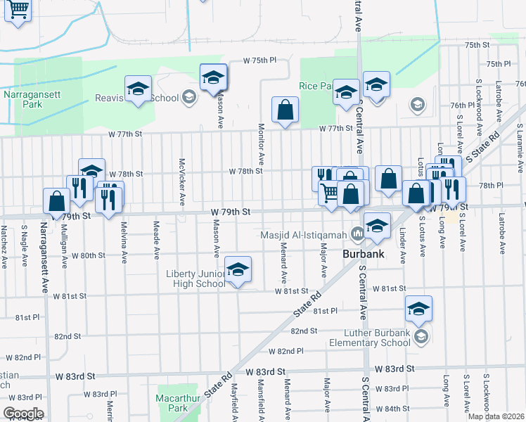 map of restaurants, bars, coffee shops, grocery stores, and more near 79th St & Monitor Ave in Burbank