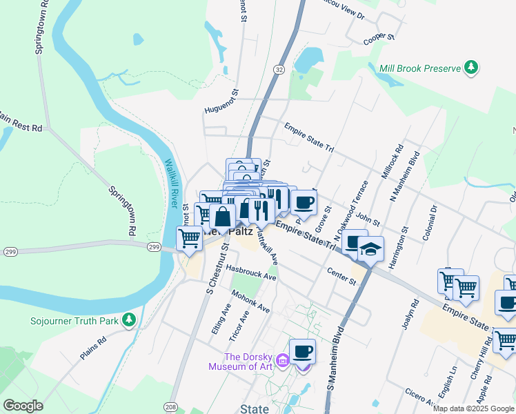 map of restaurants, bars, coffee shops, grocery stores, and more near 93 Main Street in New Paltz