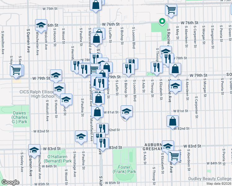 map of restaurants, bars, coffee shops, grocery stores, and more near 8018 South Laflin Street in Chicago