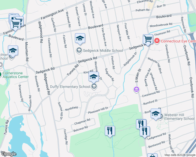 map of restaurants, bars, coffee shops, grocery stores, and more near 33 Westminster Drive in West Hartford