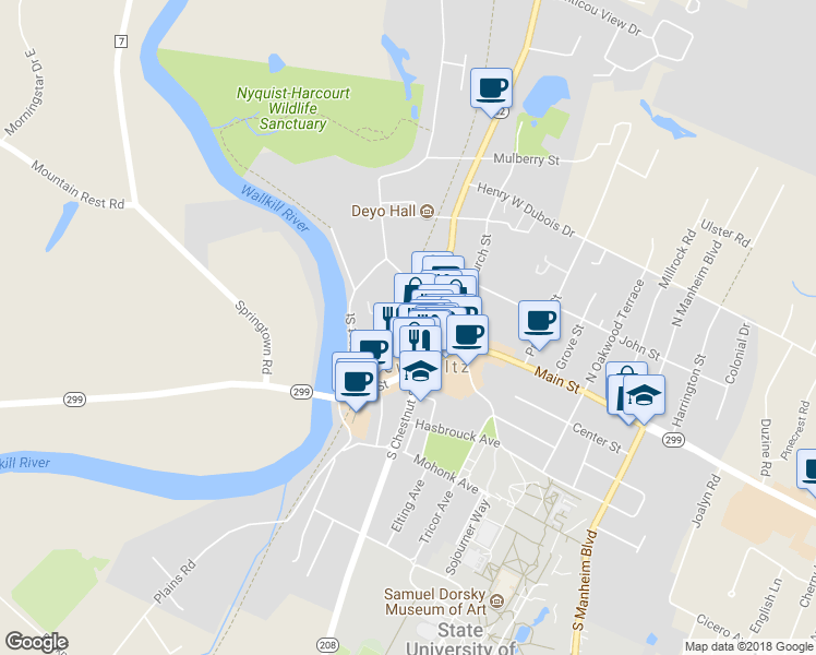 map of restaurants, bars, coffee shops, grocery stores, and more near 5 Academy Street in New Paltz