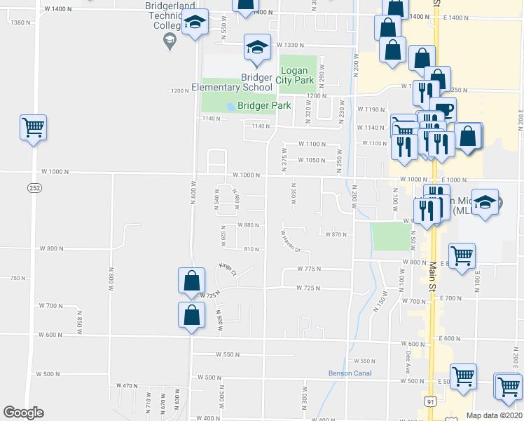 map of restaurants, bars, coffee shops, grocery stores, and more near 421 West 925 North in Logan