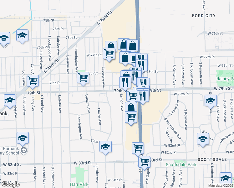 map of restaurants, bars, coffee shops, grocery stores, and more near 4900 West 79th Street in Burbank