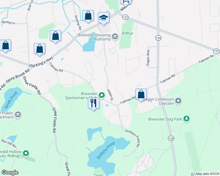 map of restaurants, bars, coffee shops, grocery stores, and more near 379 Tubman Road in Brewster