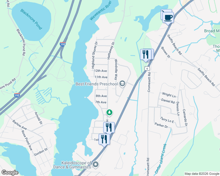 map of restaurants, bars, coffee shops, grocery stores, and more near 78 Hathaway Street in Wareham