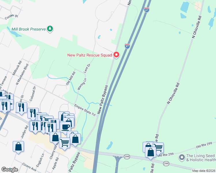 map of restaurants, bars, coffee shops, grocery stores, and more near 60 North Putt Corners Road in New Paltz