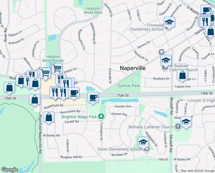 map of restaurants, bars, coffee shops, grocery stores, and more near 1201 Vermont Court in Naperville