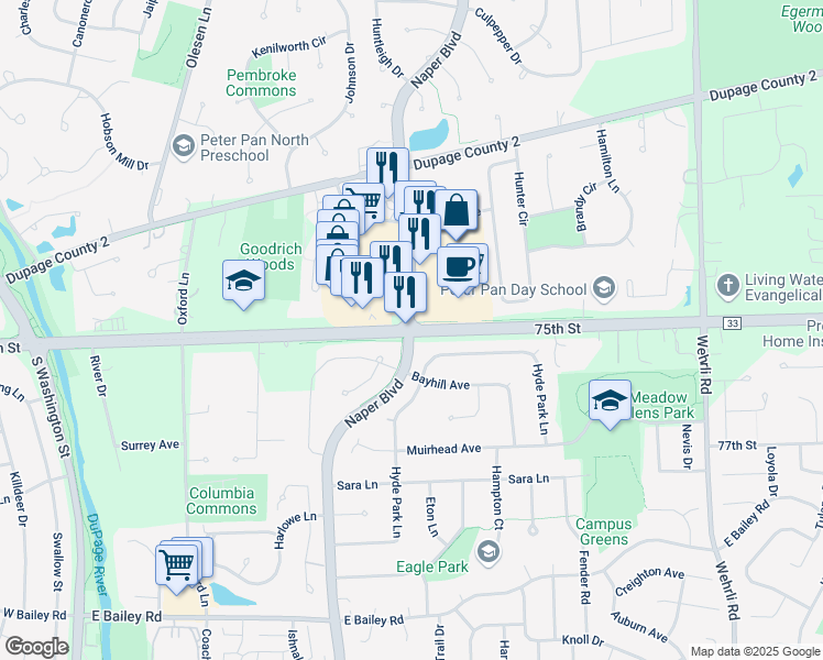 map of restaurants, bars, coffee shops, grocery stores, and more near W 75th St & Naper Blvd in Naperville