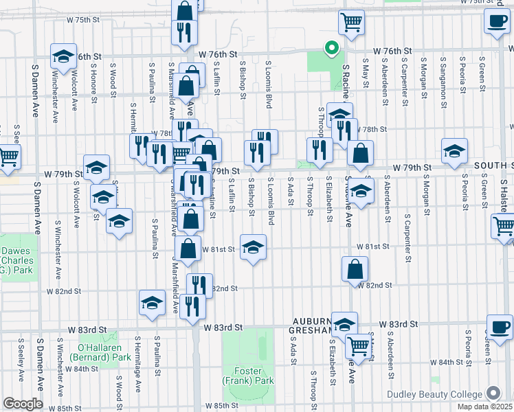 map of restaurants, bars, coffee shops, grocery stores, and more near 7928 South Bishop Street in Chicago