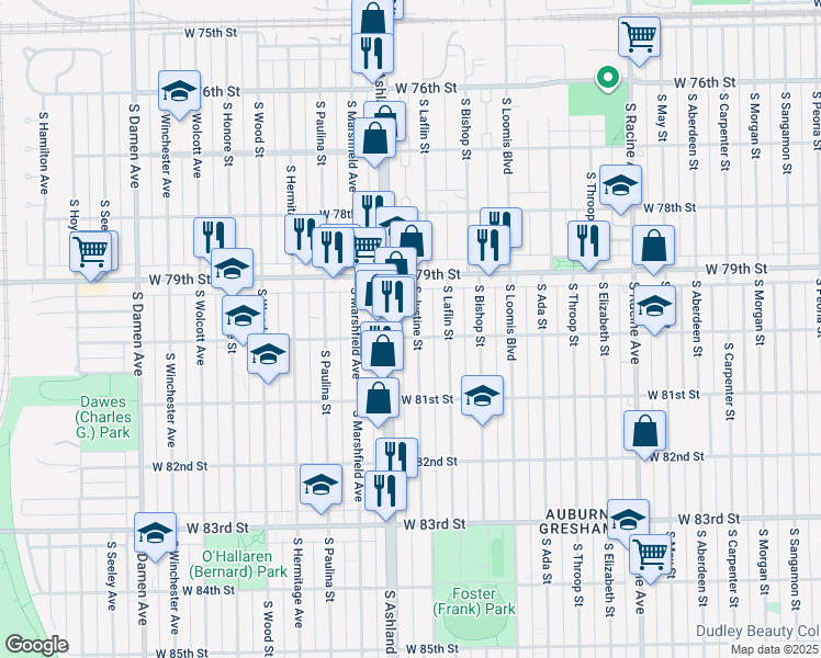 map of restaurants, bars, coffee shops, grocery stores, and more near 7954 South Justine Street in Chicago
