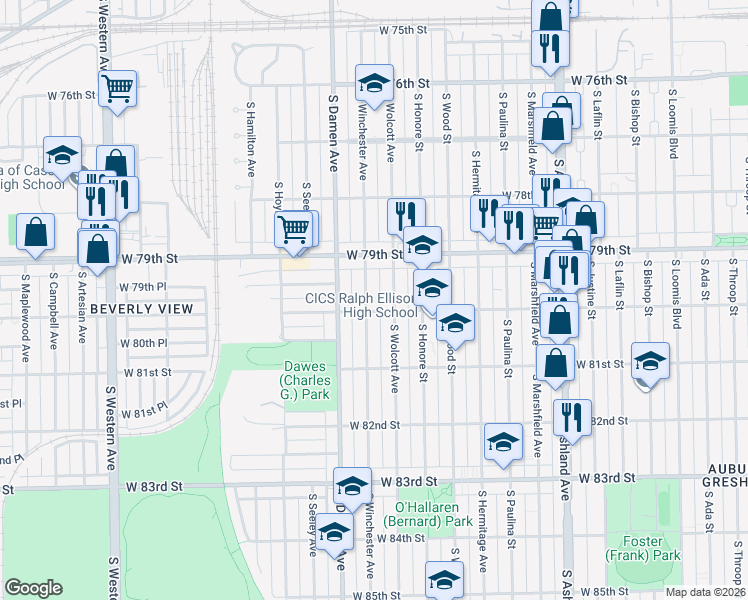 map of restaurants, bars, coffee shops, grocery stores, and more near 7920 South Winchester Avenue in Chicago
