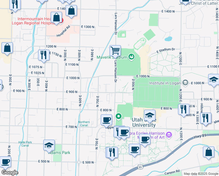 map of restaurants, bars, coffee shops, grocery stores, and more near 780 East 1000 North in Logan