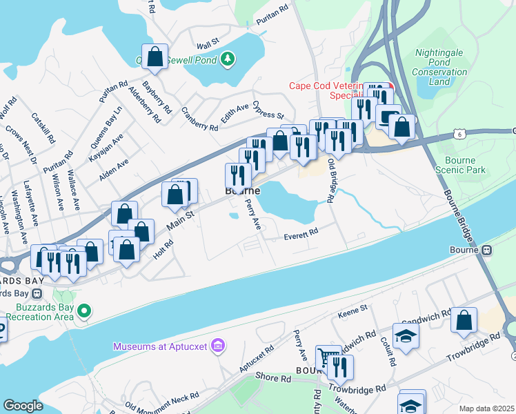 map of restaurants, bars, coffee shops, grocery stores, and more near 248 Main Street in Bourne
