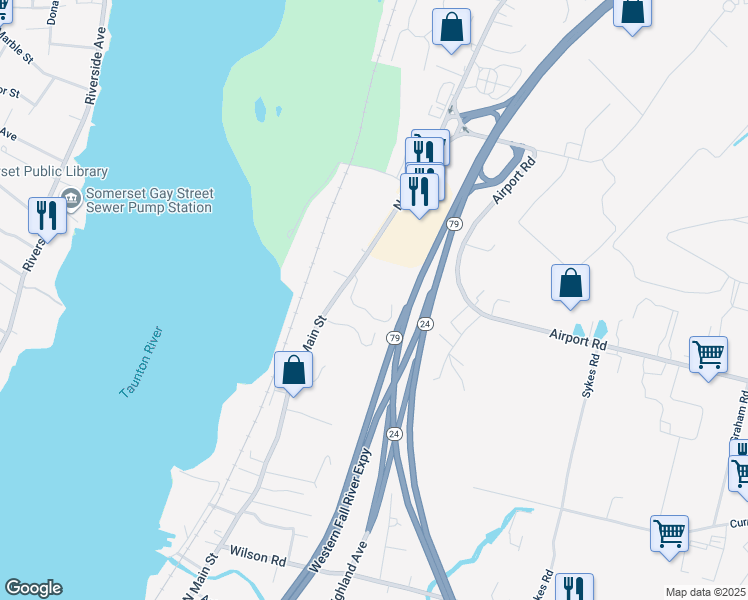map of restaurants, bars, coffee shops, grocery stores, and more near 4041 North Main Street in Fall River