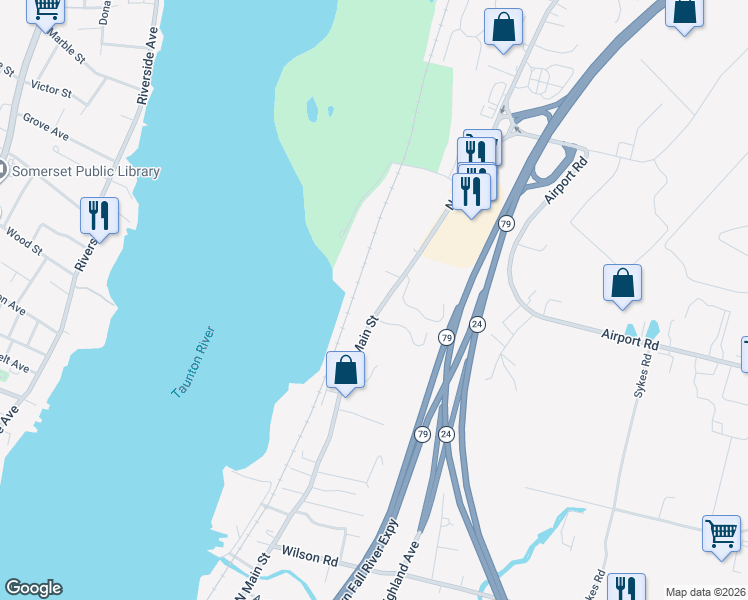 map of restaurants, bars, coffee shops, grocery stores, and more near 3916 North Main Street in Fall River